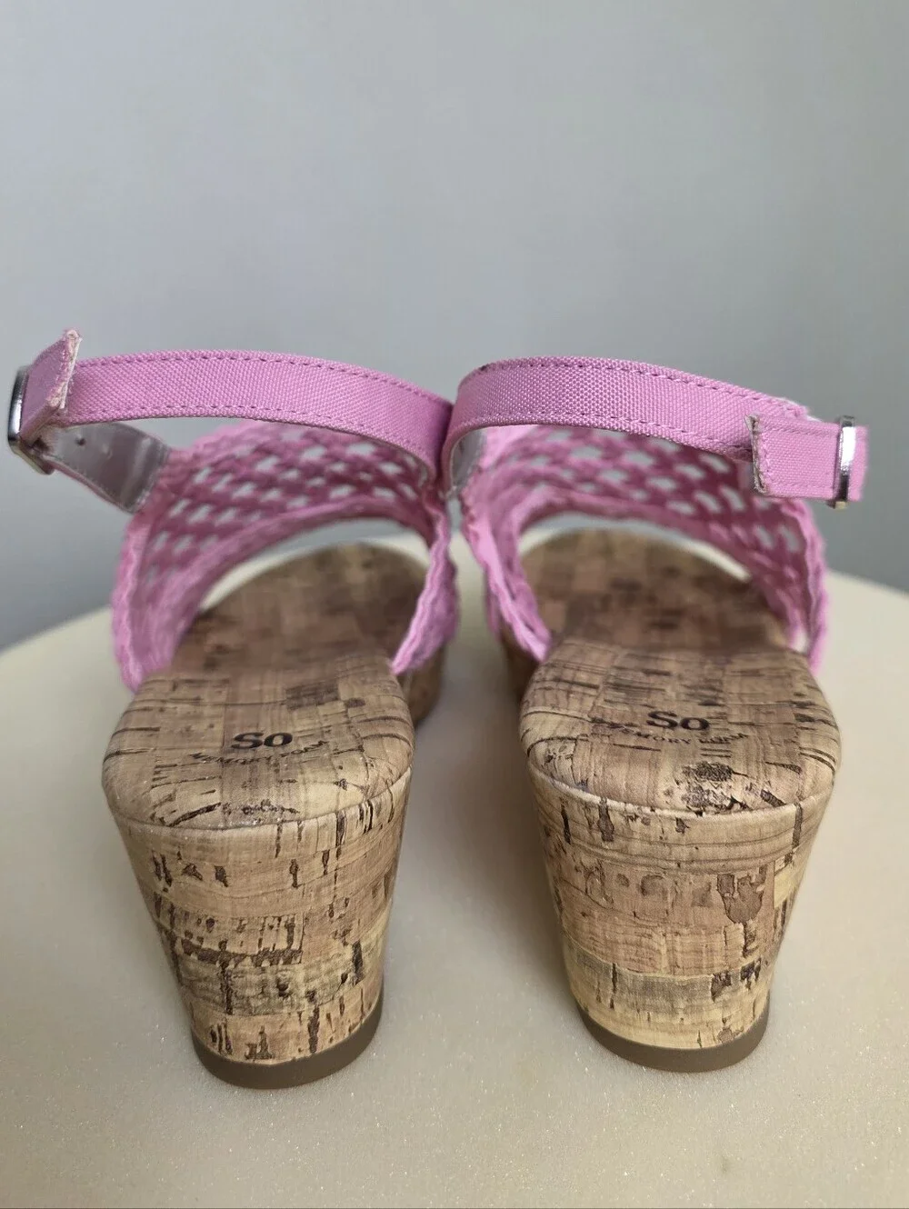 SO Adrienne Girls Light Pink Woven Cork Wedge Sandals - Size 5 - Memory Foam NEW
